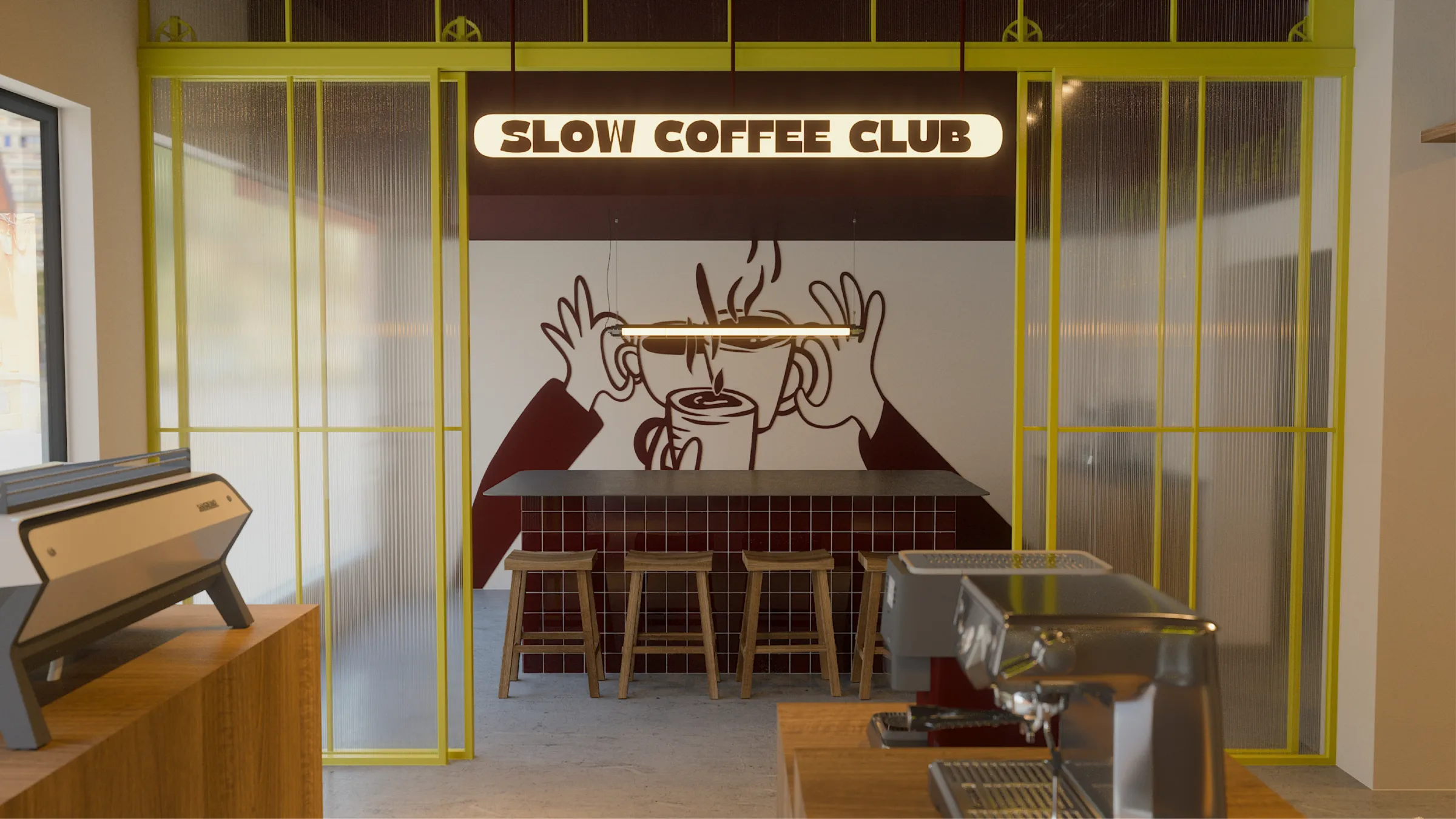 Sala Slow Coffee Club con barra y taburetes