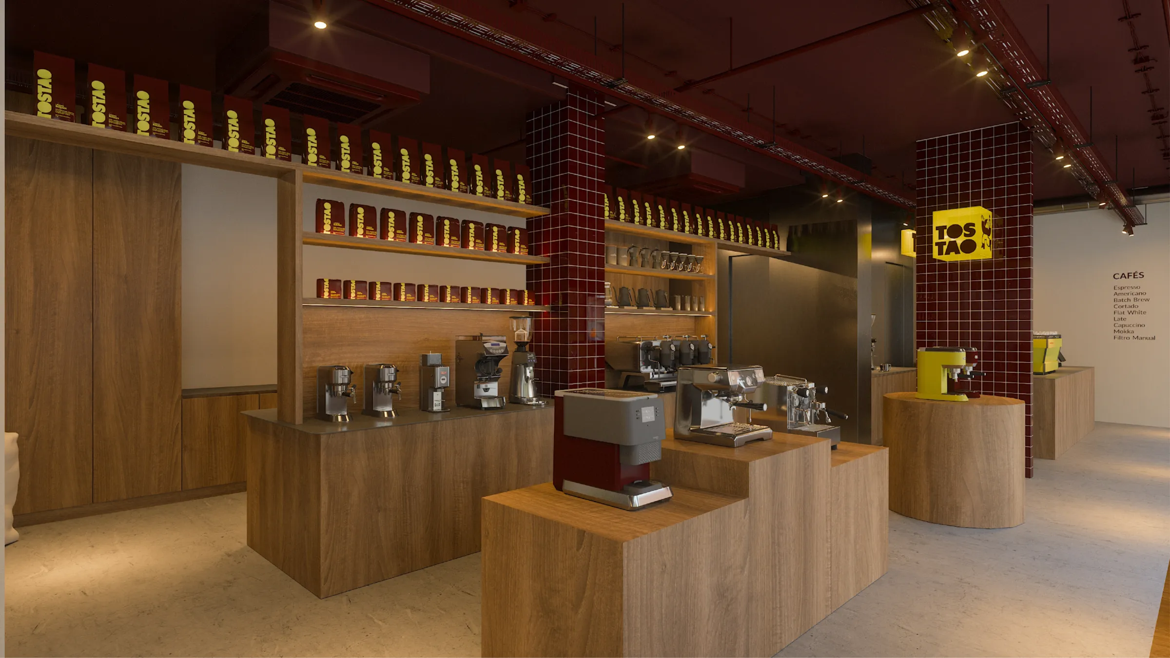 Mesas de madera con cafeteras y estanterías llenas de café Tostao